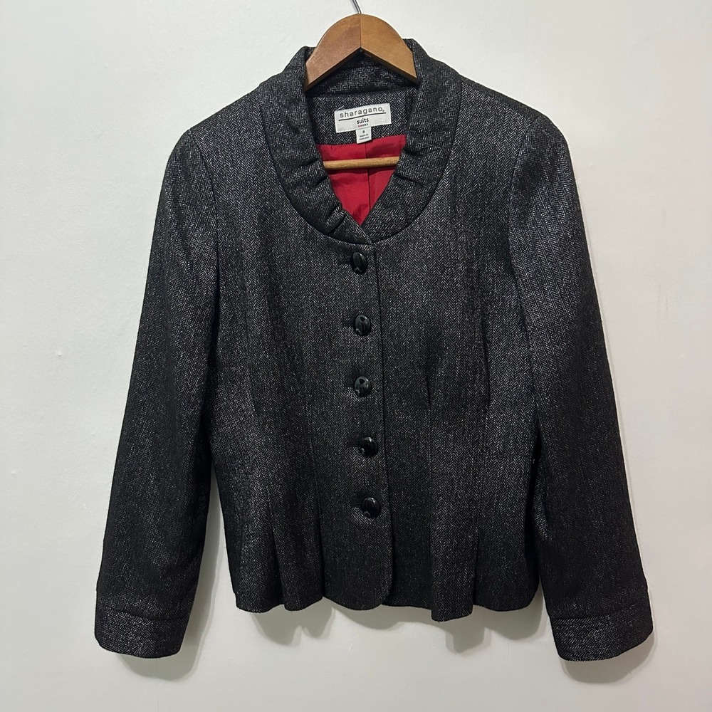 Sharagano Suits‎ Blazer Women 8 Black Herringbone Ruffle Collar Tailored